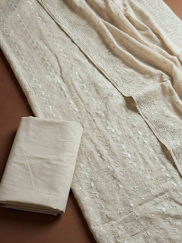 Off White Cotton Blend Embroidered Unstitched Dress Material