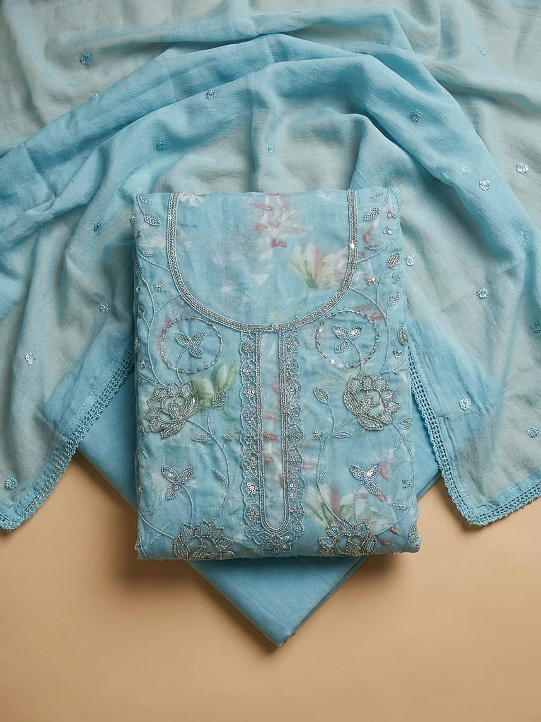 Blue Cotton Blend Embroidered Unstitched Dress Material
