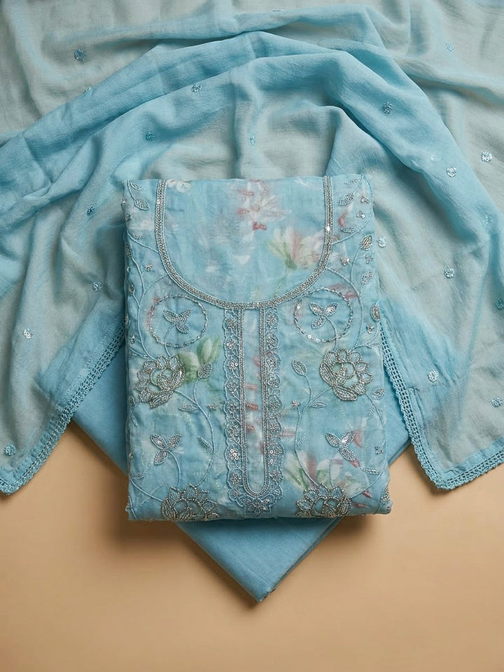 Blue Cotton Blend Embroidered Unstitched Dress Material