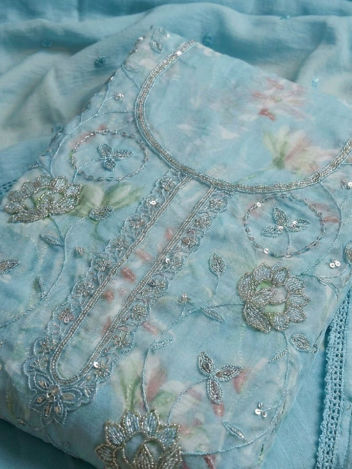 Blue Cotton Blend Embroidered Unstitched Dress Material
