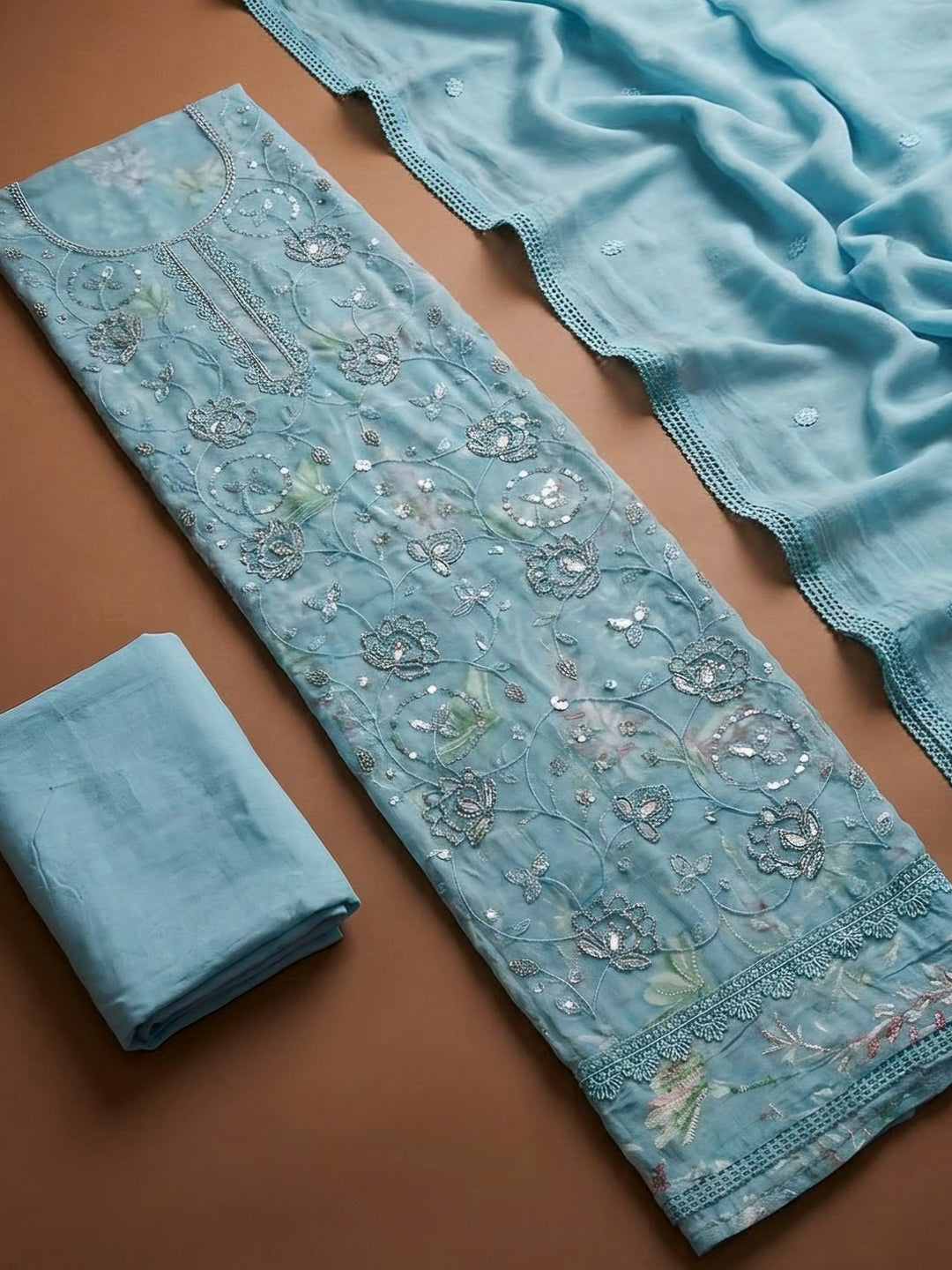 Blue Cotton Blend Embroidered Unstitched Dress Material