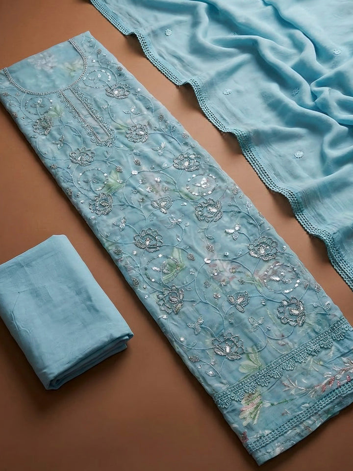Blue Cotton Blend Embroidered Unstitched Dress Material