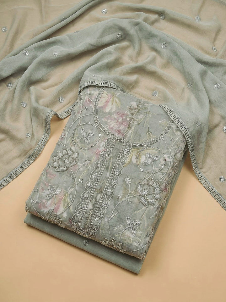 Grey Cotton Blend Embroidered Unstitched Dress Material