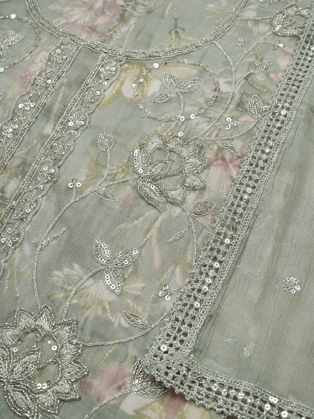 Grey Cotton Blend Embroidered Unstitched Dress Material