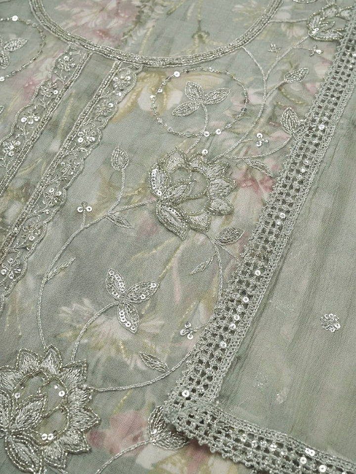 Grey Cotton Blend Embroidered Unstitched Dress Material