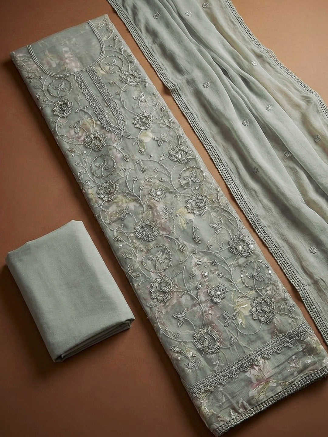 Grey Cotton Blend Embroidered Unstitched Dress Material