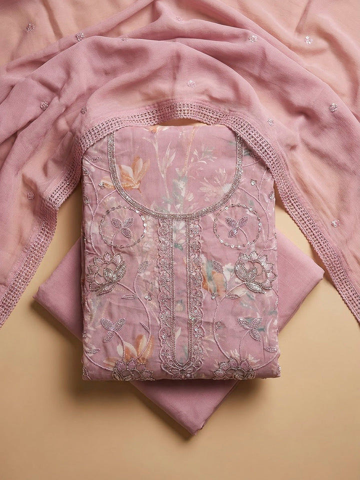 Pink Cotton Blend Embroidered Unstitched Dress Material