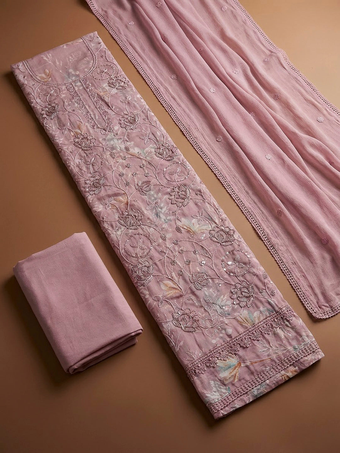 Pink Cotton Blend Embroidered Unstitched Dress Material