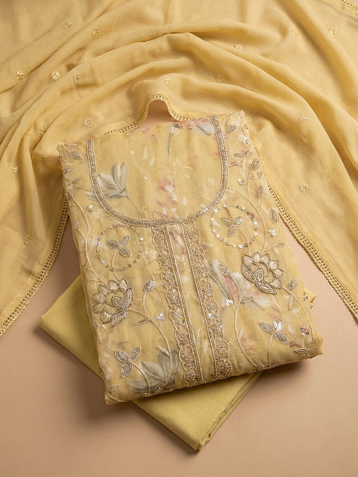 Yellow Cotton Blend Embroidered Unstitched Dress Material