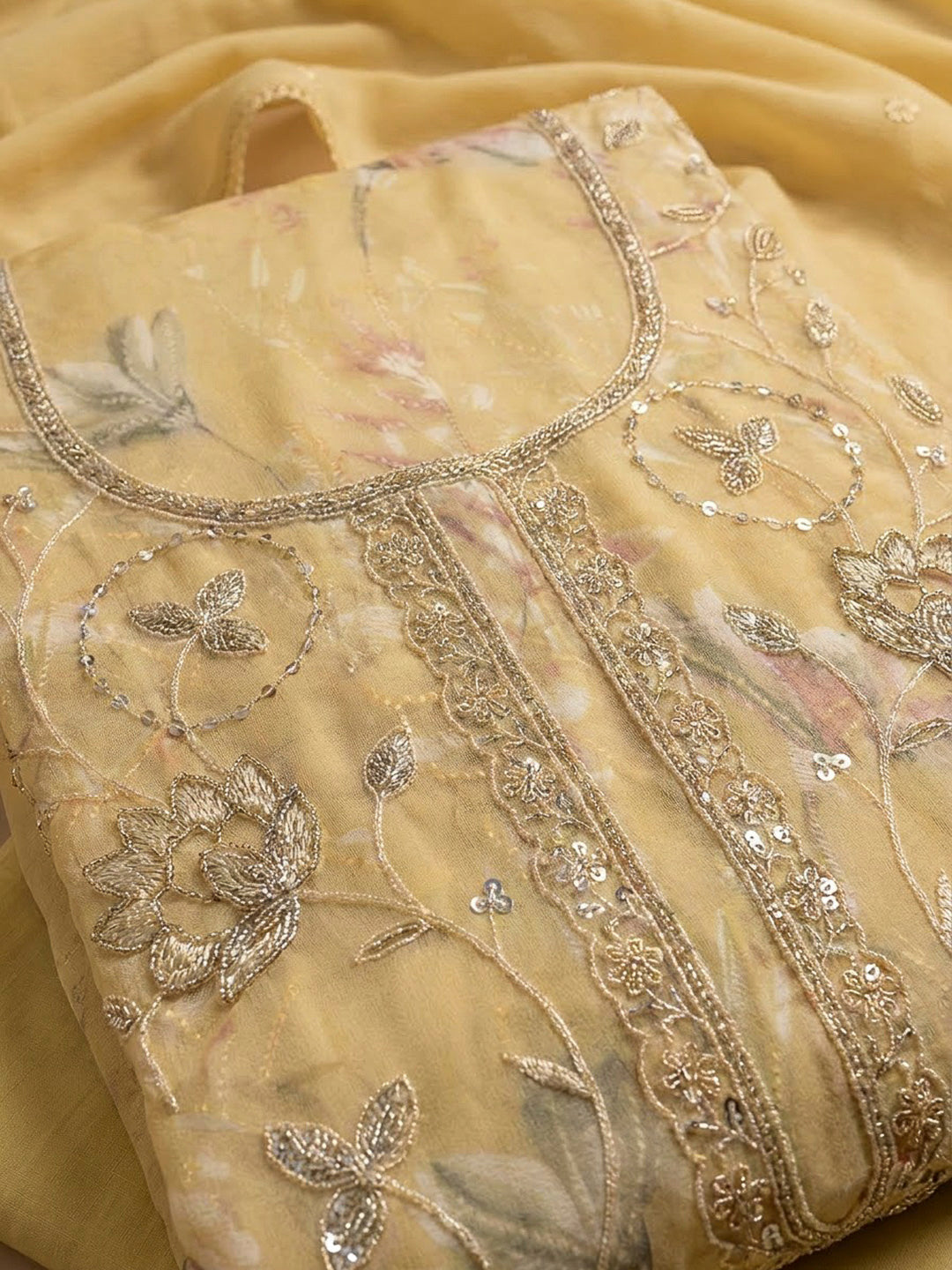 Yellow Cotton Blend Embroidered Unstitched Dress Material