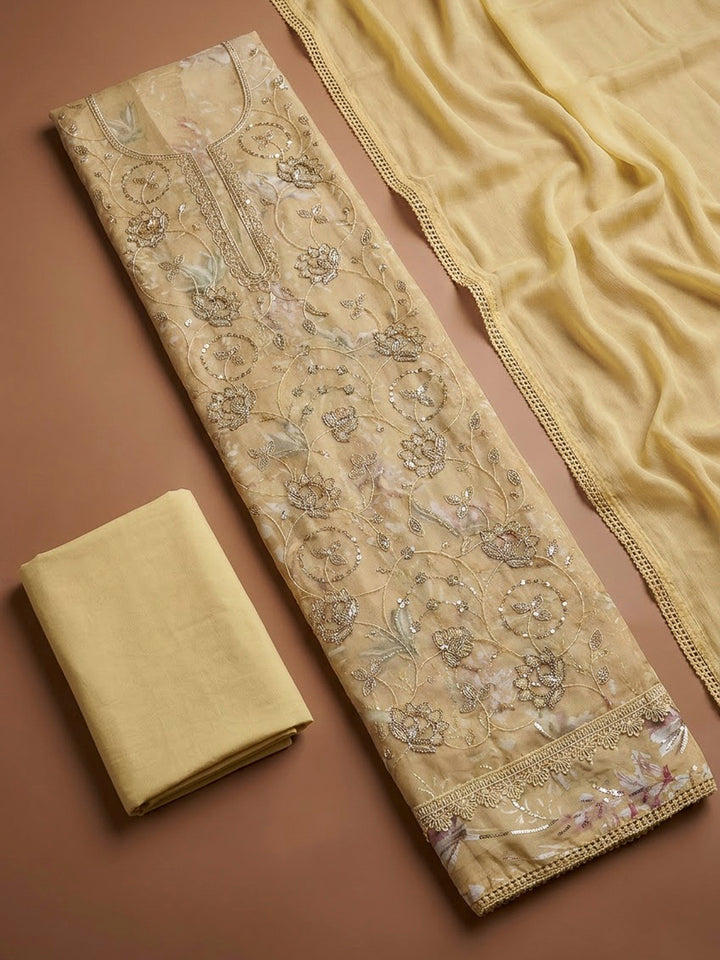 Yellow Cotton Blend Embroidered Unstitched Dress Material