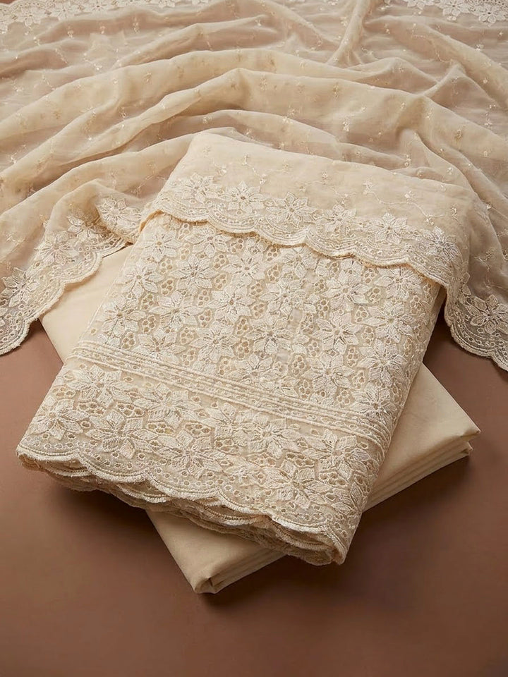Beige Georgette Embroidered Unstitched Dress Material