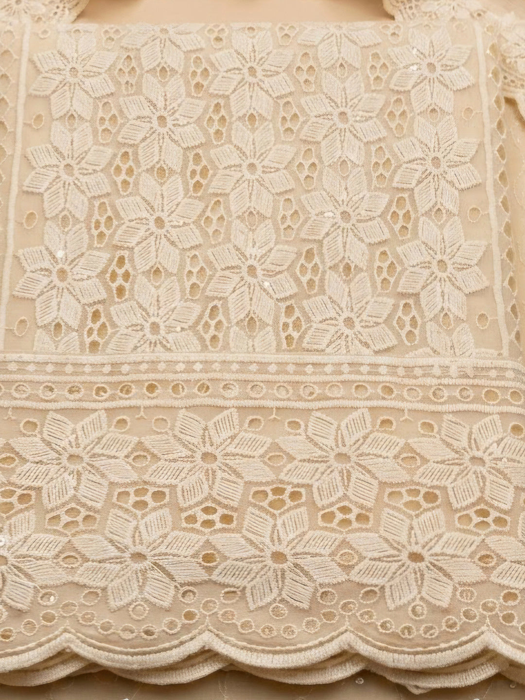 Beige Georgette Embroidered Unstitched Dress Material