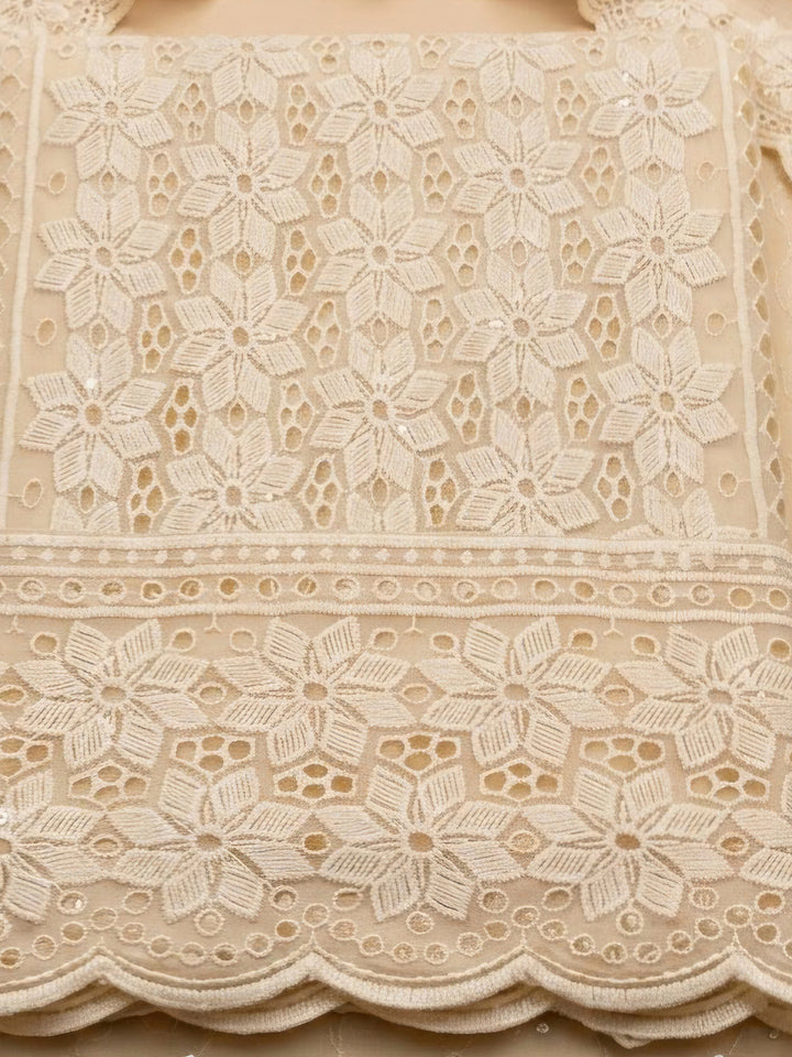 Beige Georgette Embroidered Unstitched Dress Material