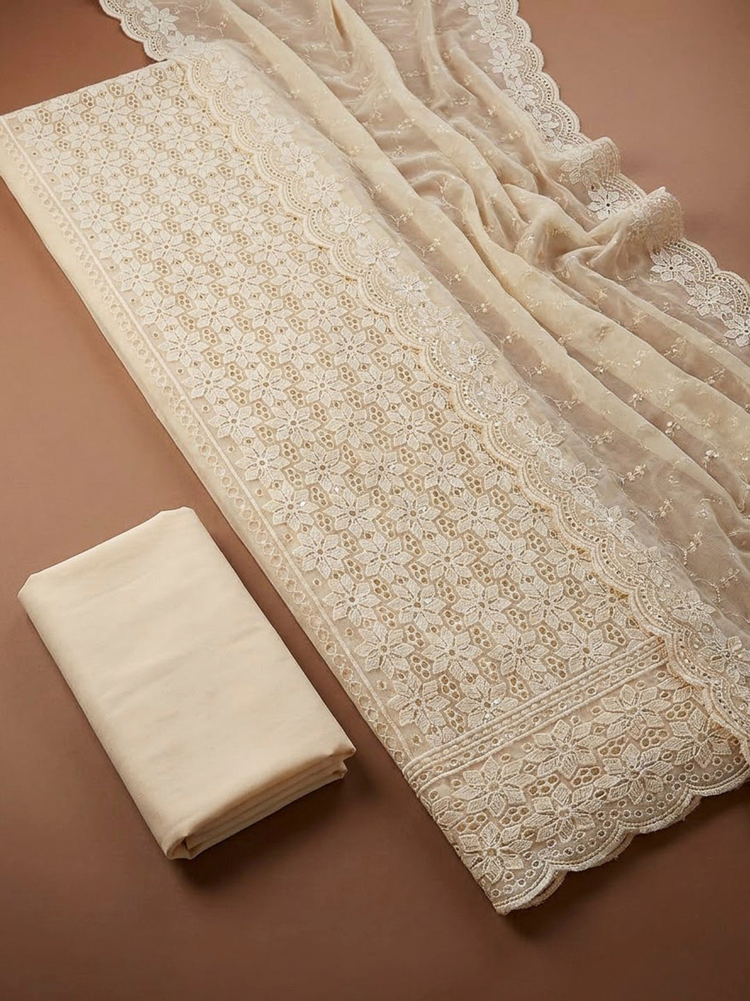 Beige Georgette Embroidered Unstitched Dress Material