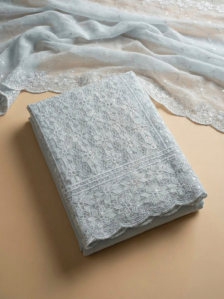 Grey Georgette Embroidered Unstitched Dress Material