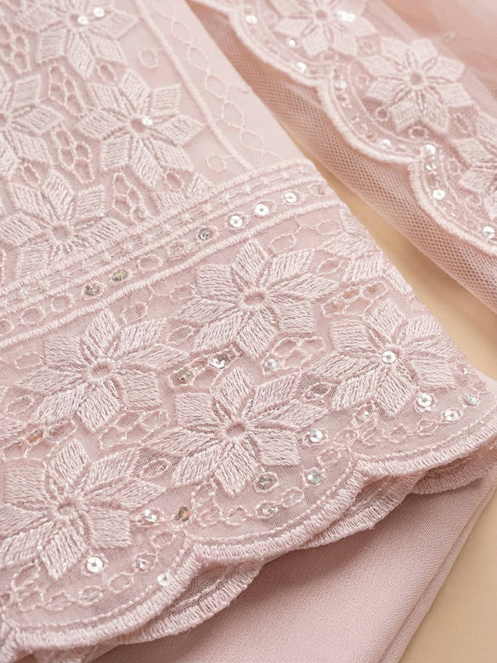 Peach Georgette Embroidered Unstitched Dress Material