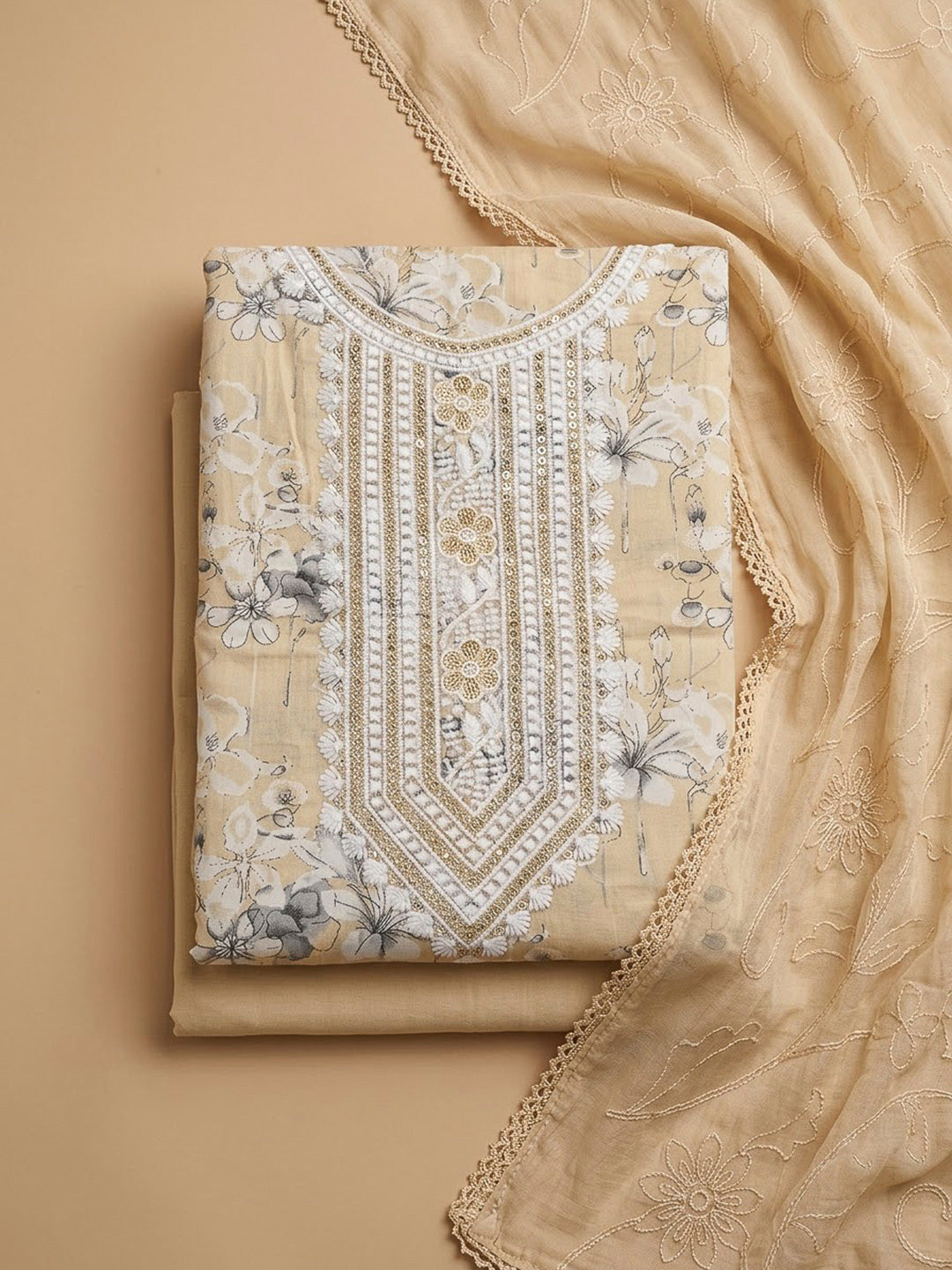 Beige Cotton Blend Embroidered Unstitched Dress Material