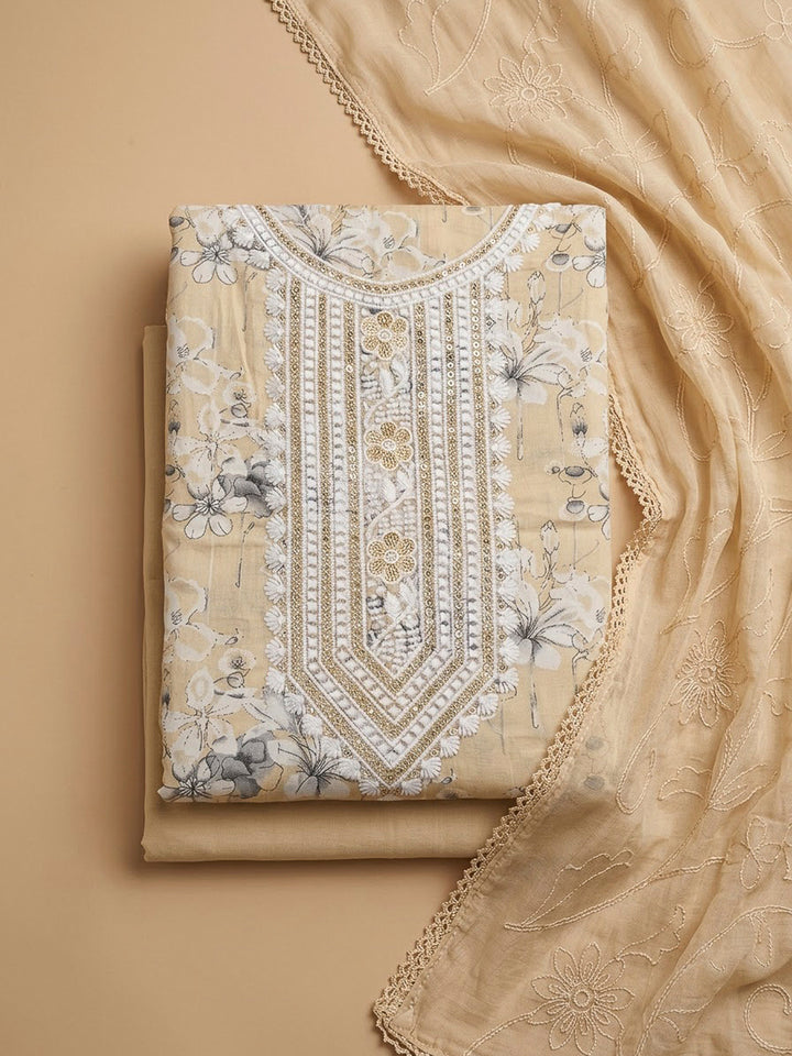 Beige Cotton Blend Embroidered Unstitched Dress Material