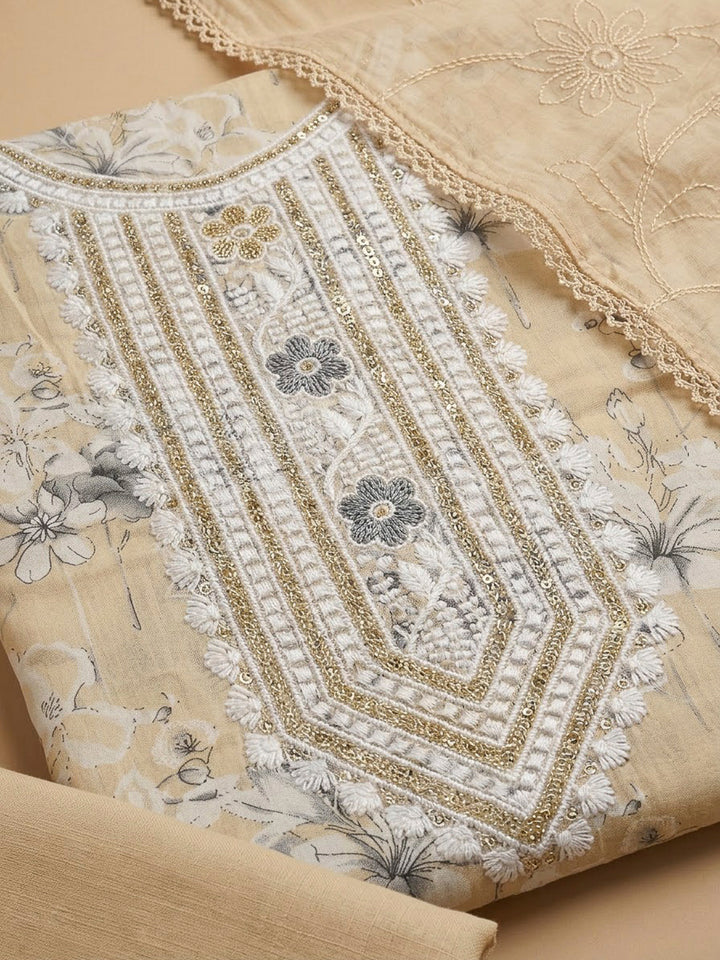 Beige Cotton Blend Embroidered Unstitched Dress Material