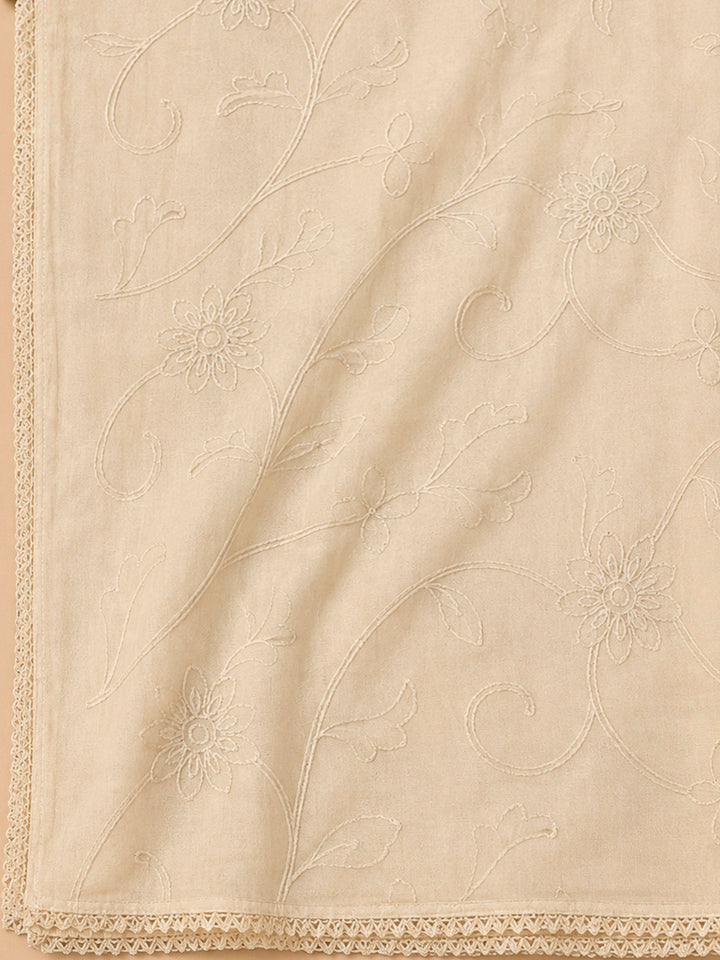 Beige Cotton Blend Embroidered Unstitched Dress Material