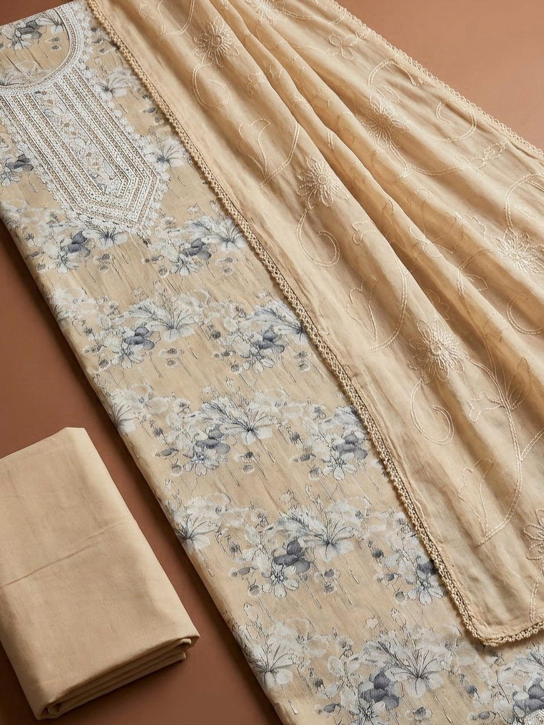 Beige Cotton Blend Embroidered Unstitched Dress Material
