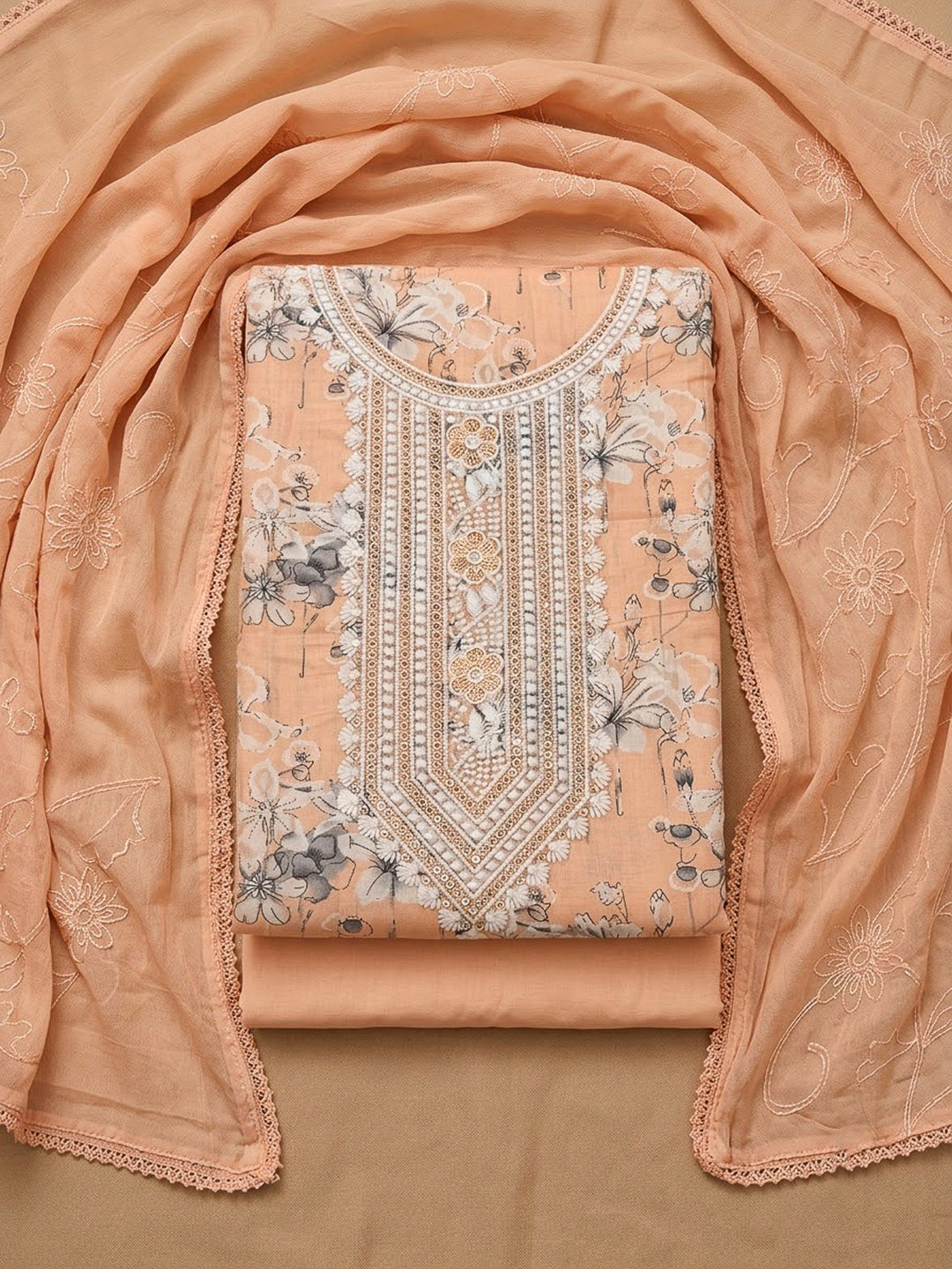 Peach Cotton Blend Embroidered Unstitched Dress Material