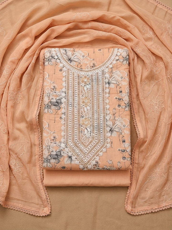 Peach Cotton Blend Embroidered Unstitched Dress Material