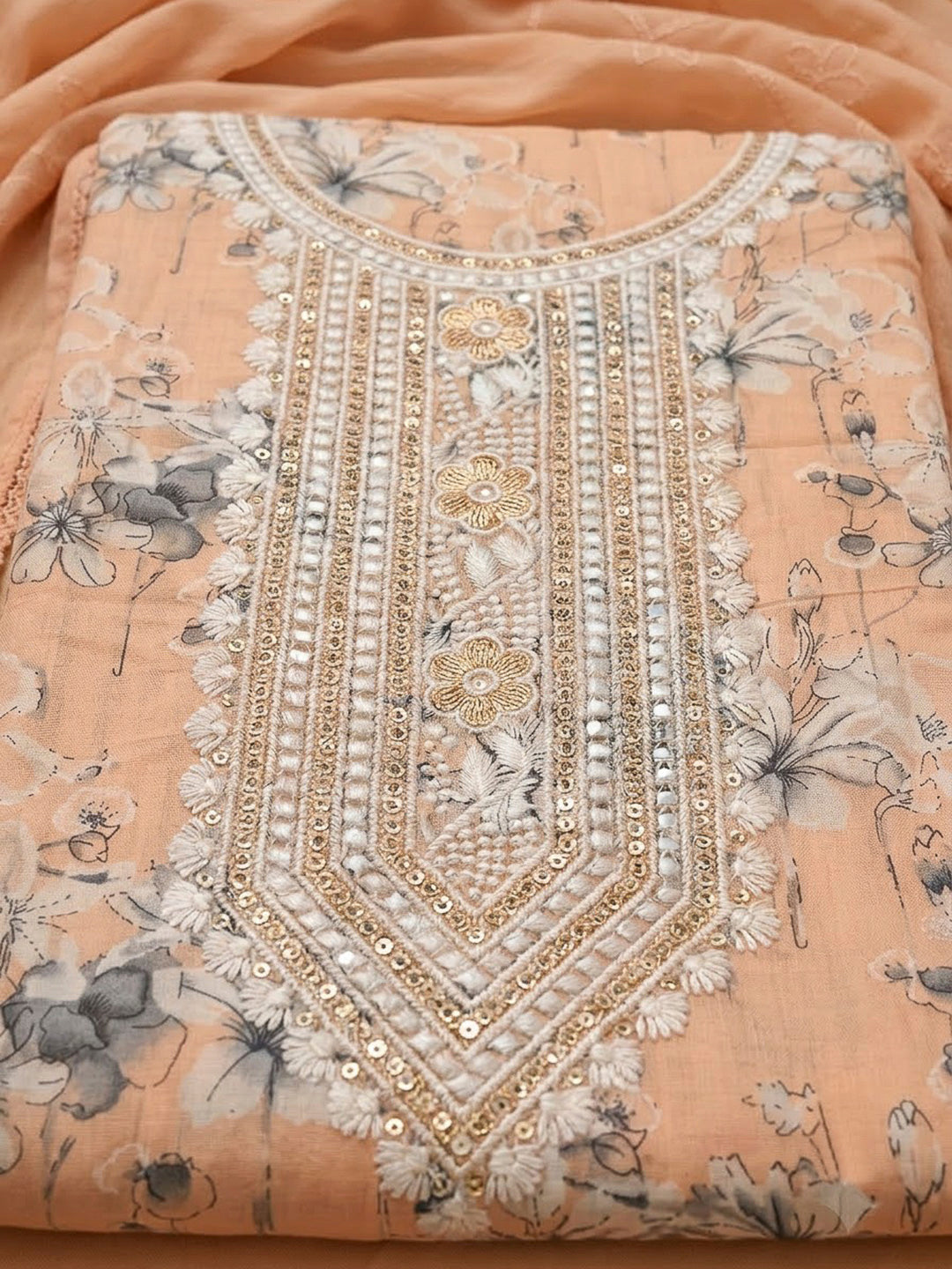 Peach Cotton Blend Embroidered Unstitched Dress Material