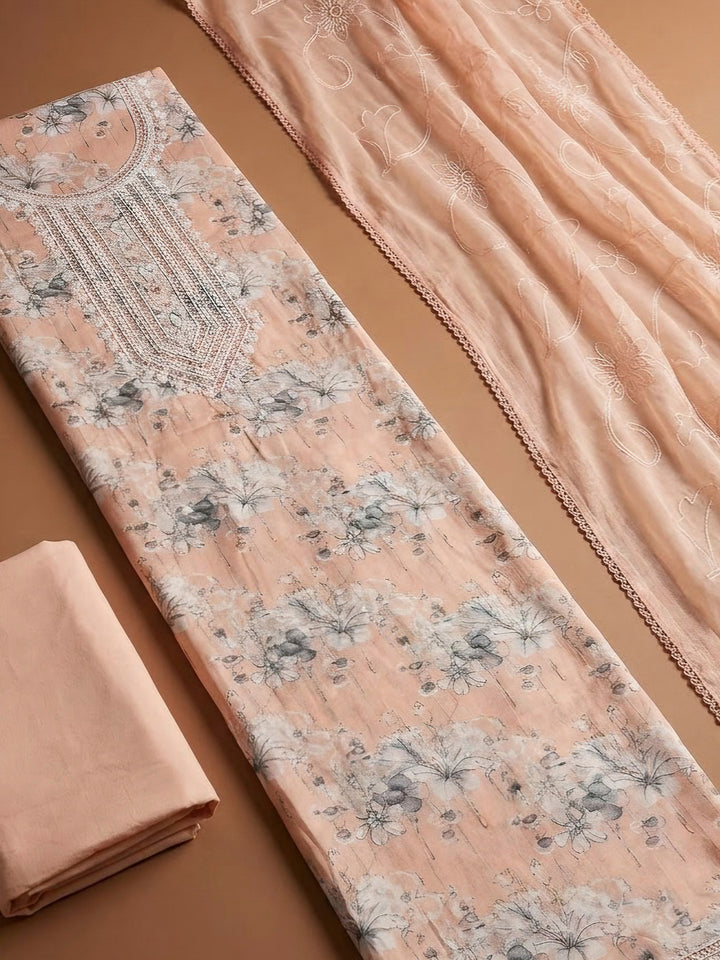 Peach Cotton Blend Embroidered Unstitched Dress Material
