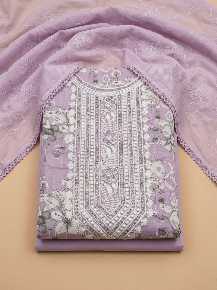 Pink Lavender Cotton Blend Embroidered Unstitched Dress Material