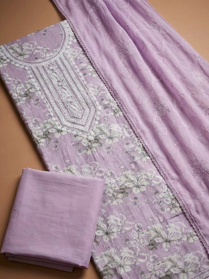Pink Lavender Cotton Blend Embroidered Unstitched Dress Material