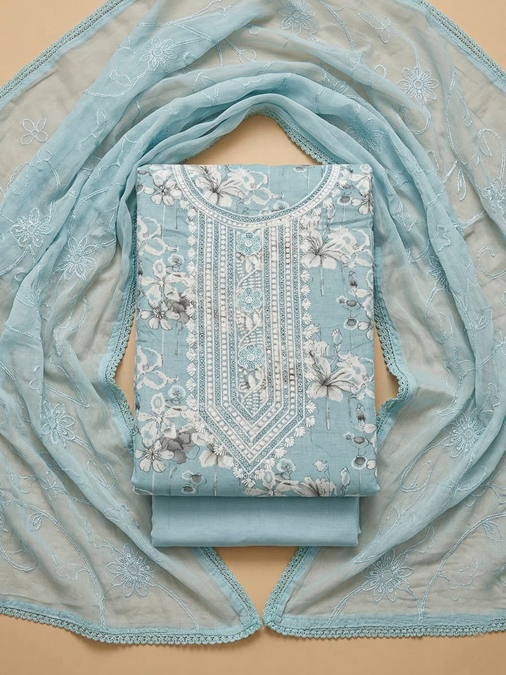 Sky Blue Cotton Blend Embroidered Unstitched Dress Material