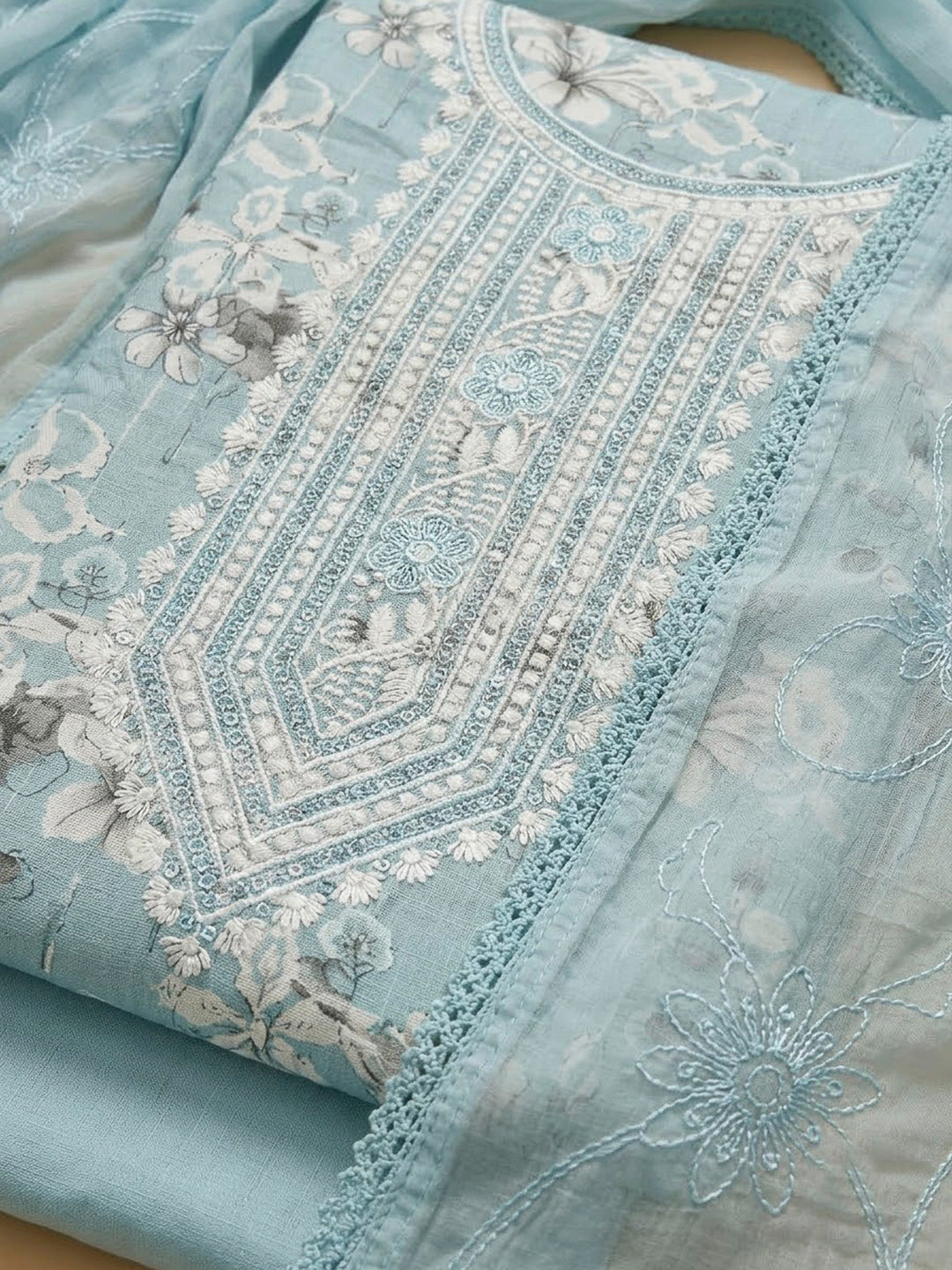 Sky Blue Cotton Blend Embroidered Unstitched Dress Material