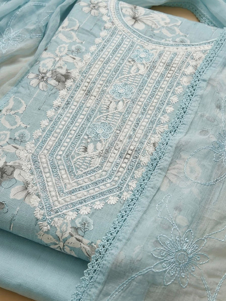 Sky Blue Cotton Blend Embroidered Unstitched Dress Material