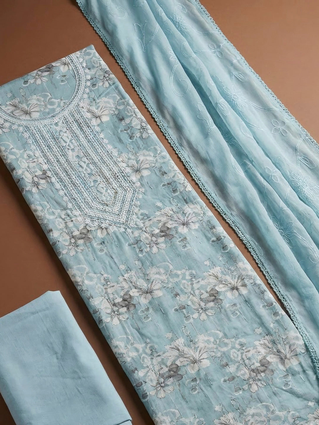 Sky Blue Cotton Blend Embroidered Unstitched Dress Material