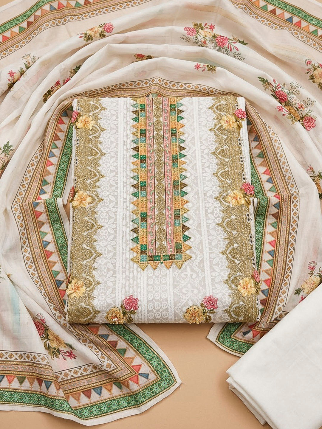 Off White Cotton Blend Embroidered Unstitched Dress Material