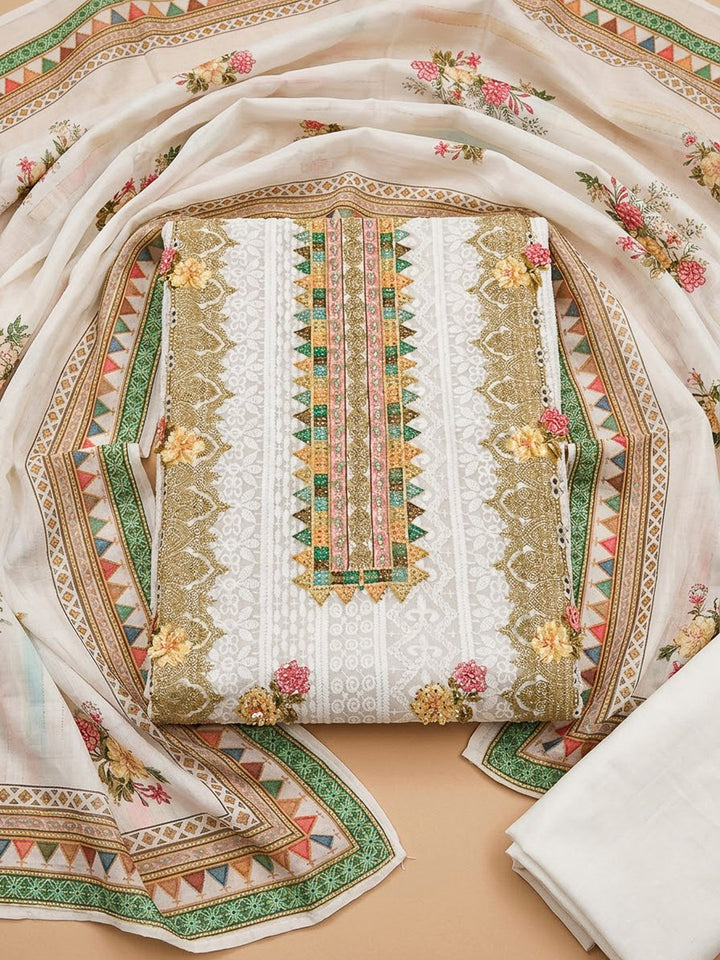 Off White Cotton Blend Embroidered Unstitched Dress Material