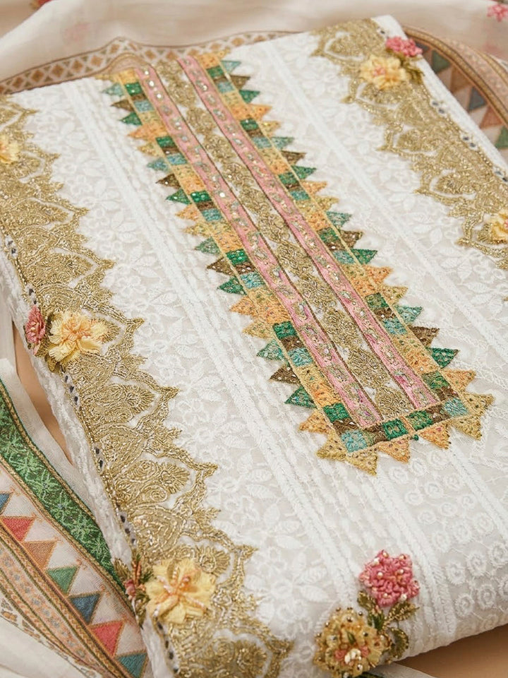Off White Cotton Blend Embroidered Unstitched Dress Material