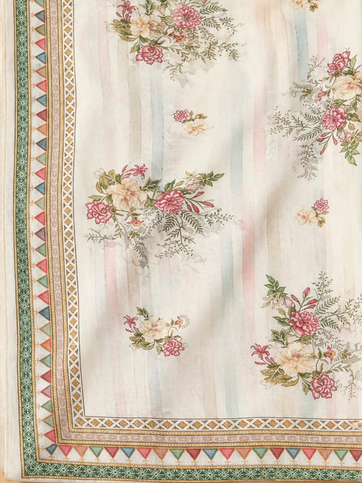 Off White Cotton Blend Embroidered Unstitched Dress Material