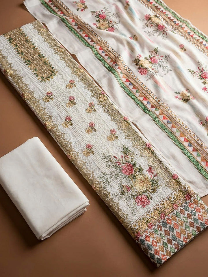 Off White Cotton Blend Embroidered Unstitched Dress Material