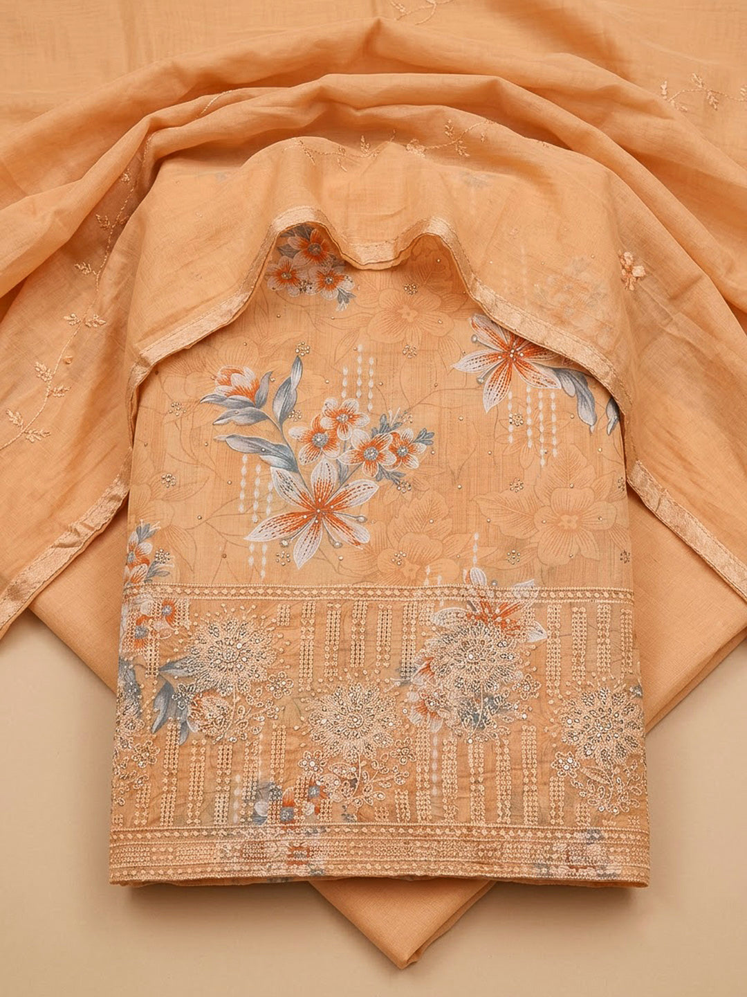 Peach Cotton Blend Printed Unstitched Dress Material