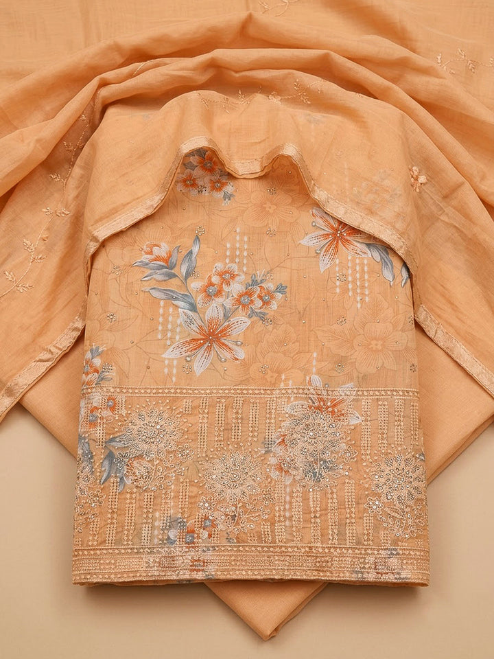 Peach Cotton Blend Printed Unstitched Dress Material