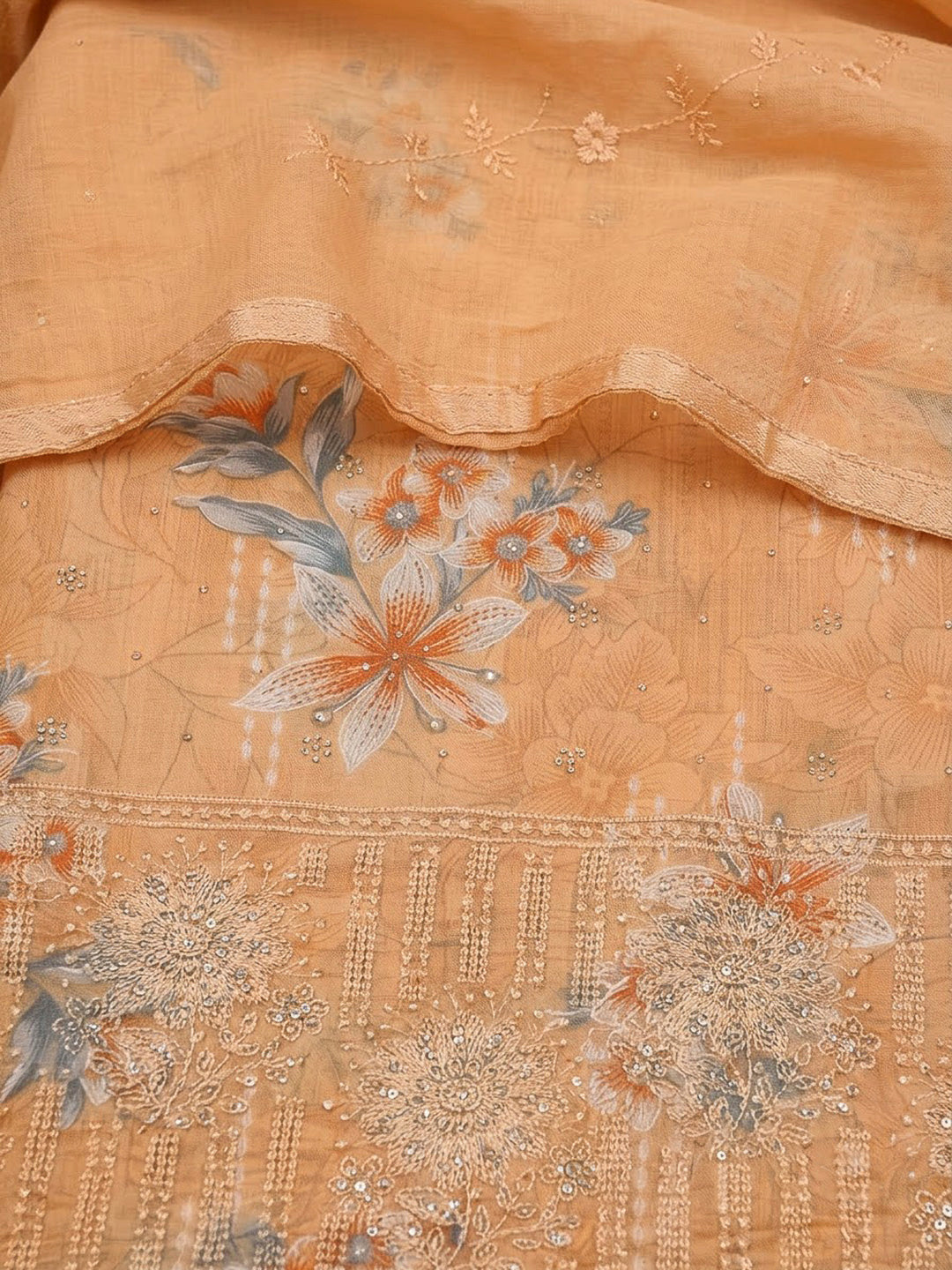 Peach Cotton Blend Printed Unstitched Dress Material