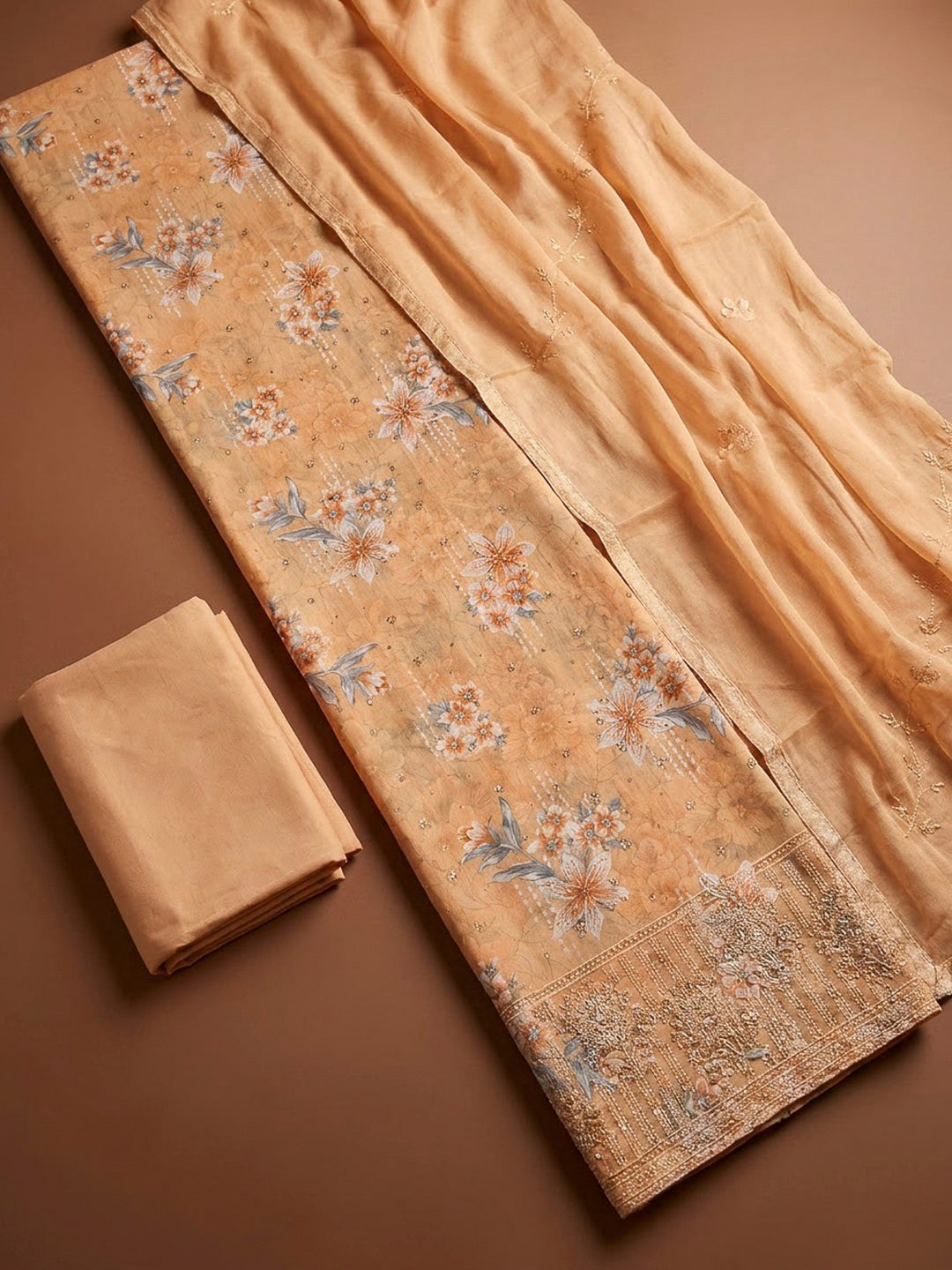 Peach Cotton Blend Printed Unstitched Dress Material