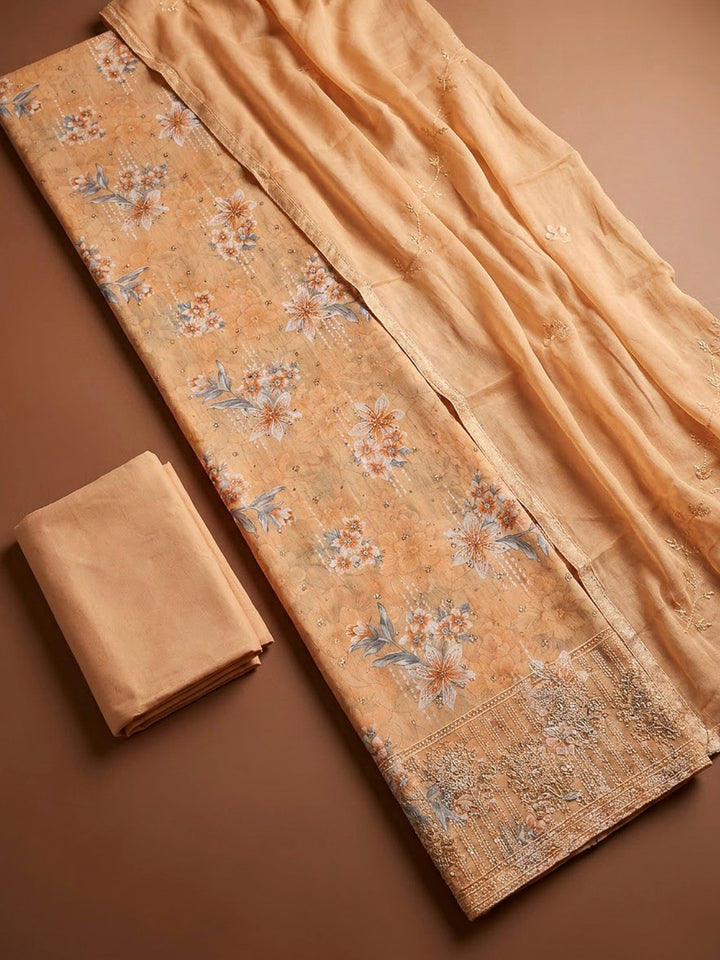 Peach Cotton Blend Printed Unstitched Dress Material