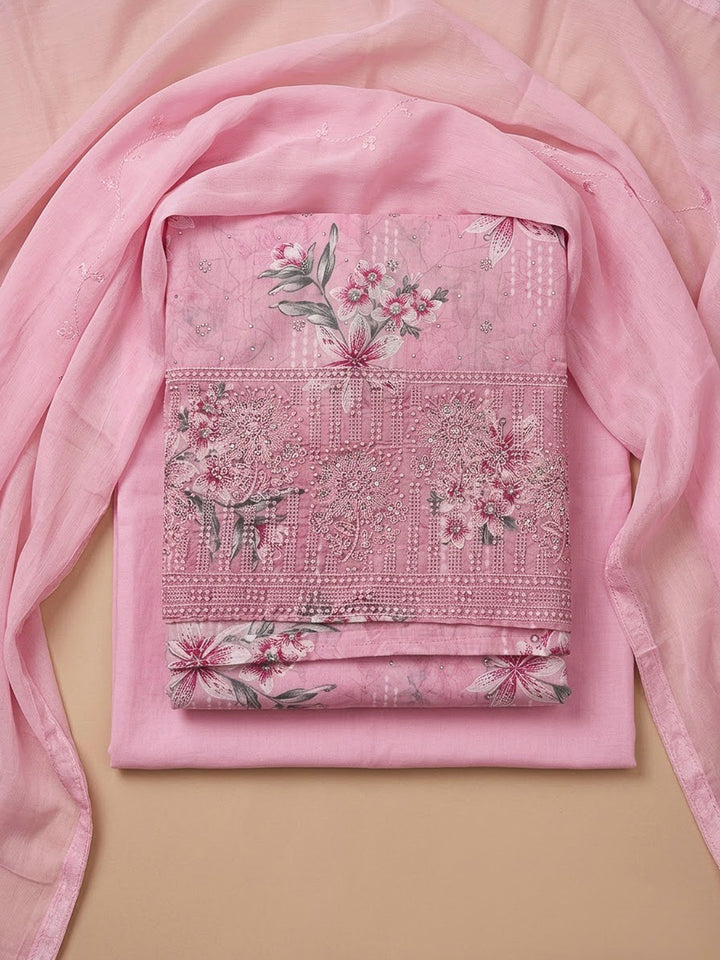 Pink Cotton Blend Printed Unstitched Dress Material
