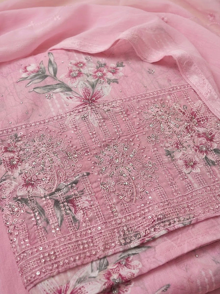 Pink Cotton Blend Printed Unstitched Dress Material