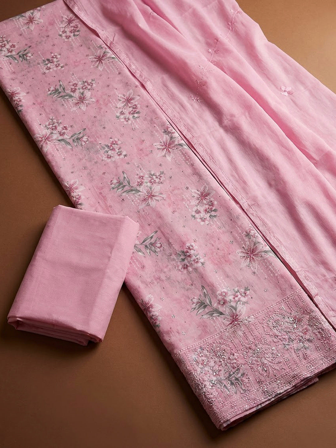 Pink Cotton Blend Printed Unstitched Dress Material