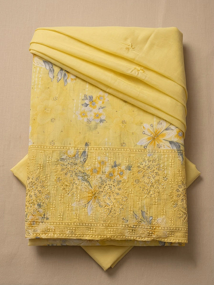 Yellow Cotton Blend Printed Unstitched Dress Material